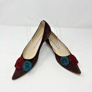 Domenico Vacca Women's Flats Slip On Pointed Toe 39 IT US 8.5 Fabric Roses Brown